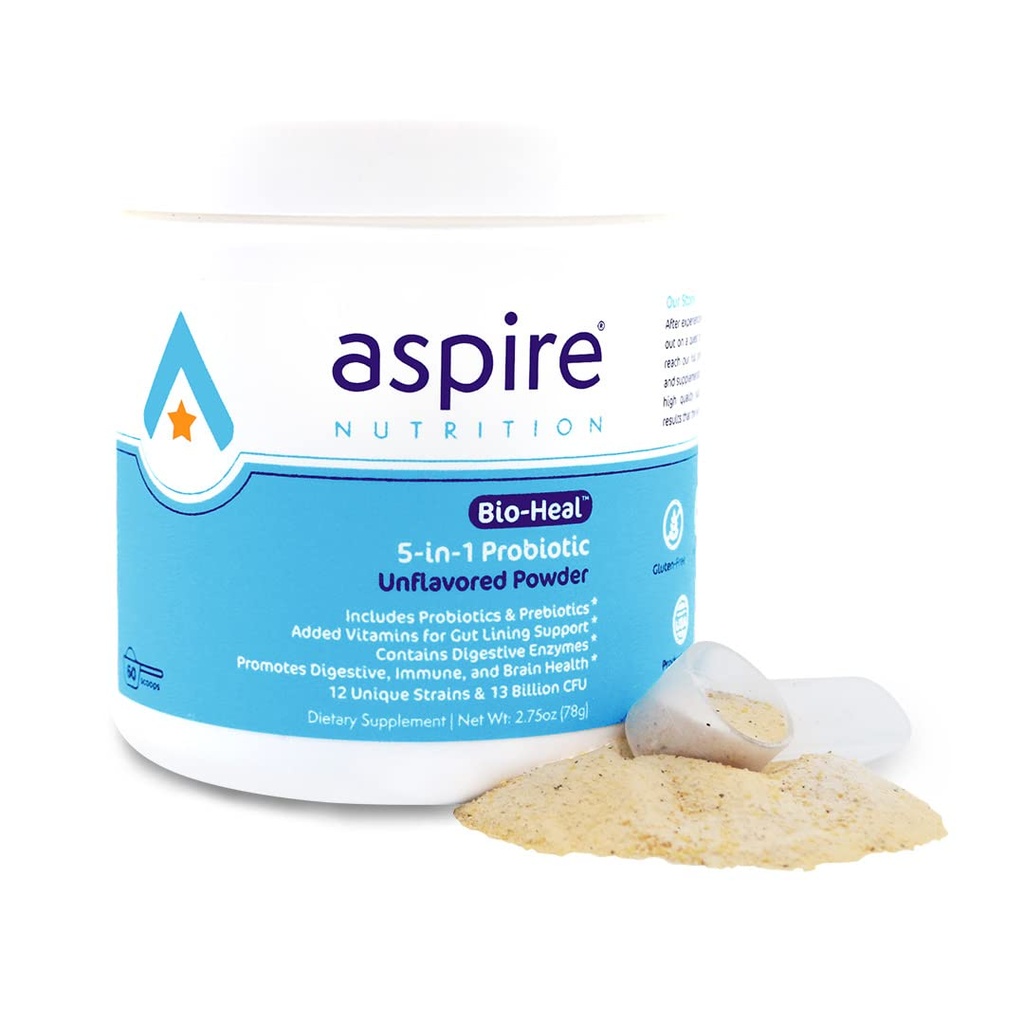 Aspire Nutrition 5-en-1 Bio-Heal® Probiotique pour enfants, hommes et femmes - Meilleur supplément pour la fonction cérébrale, la santé et la constipation - Étagère stable et enrichie en vitamines, minéraux et prébiotiques - Poudre