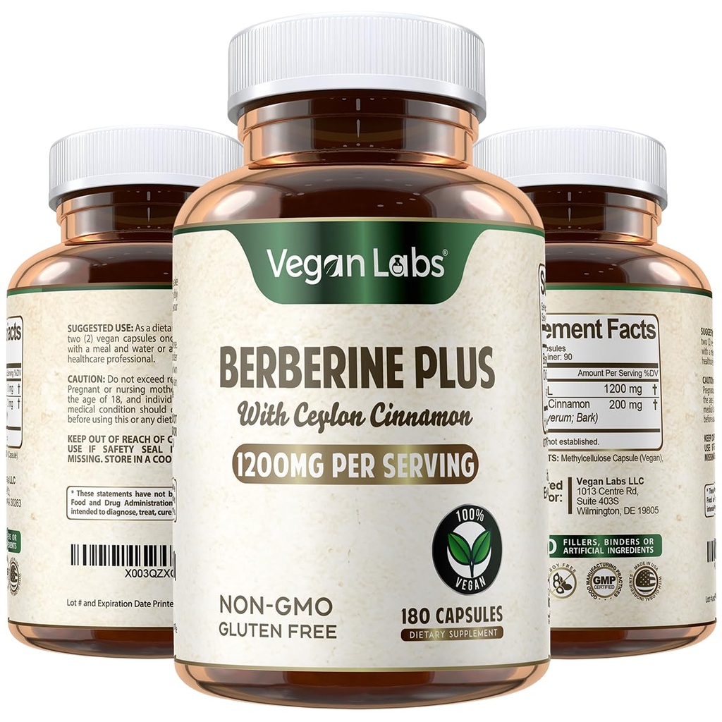 Vegan Labs Berberine HCL 1200MG mit Bio Ceylon Cinnamon- 180 Vegan Kapseln- Unterstützt Gesamtgesundheit und Immunsystem