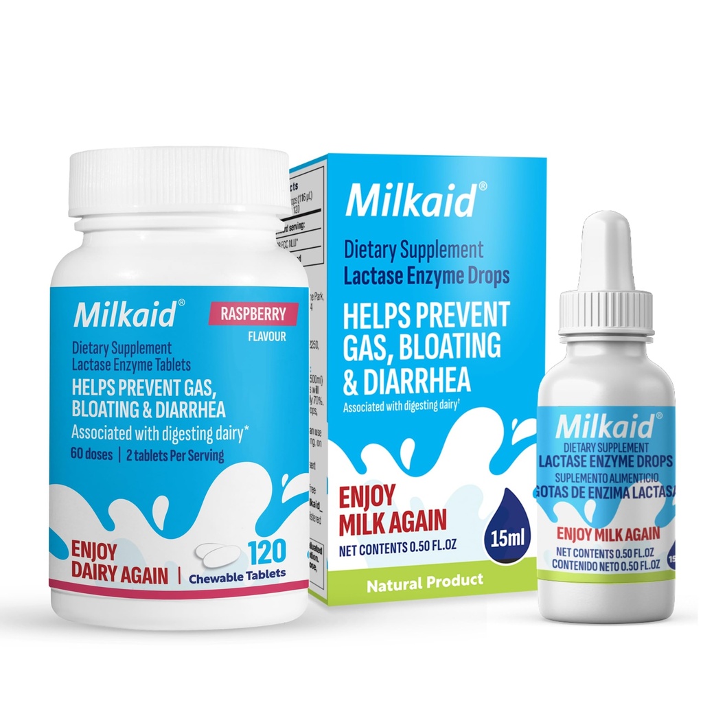 Laitaid Lactase Des gouttes enzymatiques Comprimés pour le soulagement de l'intolérance au lactose.