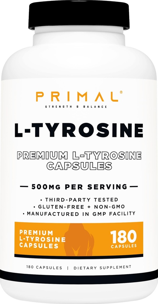 Primal L-tirosina capsule (180 capsule / 500 mg per porzione) | Integratore di aminoacidi della tirosina