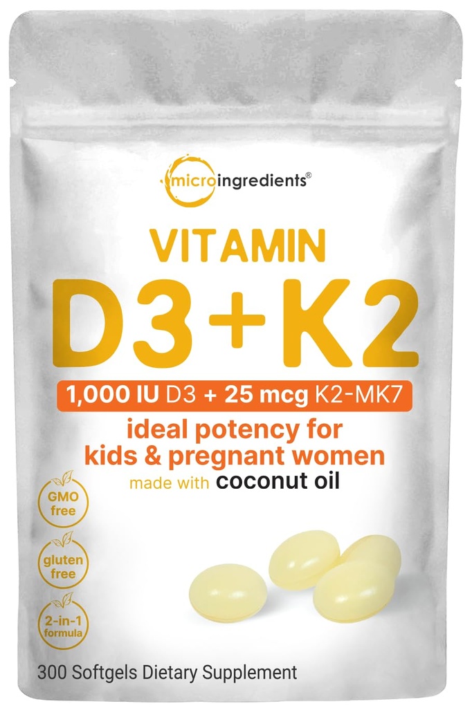 Micro Ingredients Vitamin D3 1.000 IE + K2 MK-7 25 mcg, 300 Softgels | Virgin Coconut Oil | 2-in-1 Knochen, Immune & Heart Support | Einfach zu schlucken, Nicht-GVO