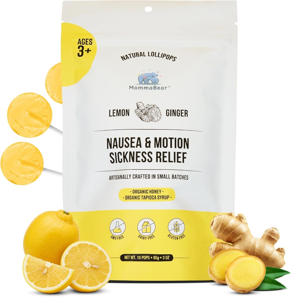 MommaBear Nausea & Motion Sickness Lollipops – Non OGM Lemon & Ginger Candy per Nausea – Organic Lollipops for Kids 3+ & Pregnant Women to Alleviate Queasiness – Tenentemente sigillato per freschezza (10 Pack)