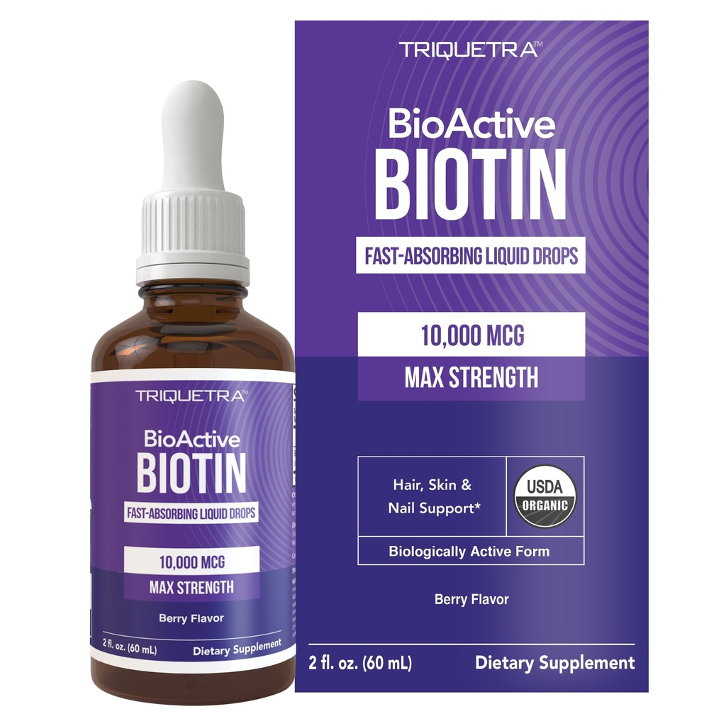 Triquetra Health Biotin Hair Support for Women – Bio 10000mcg USP Grade – Supplément liquide Premium pour une absorption élevée – Soutient cheveux, peau et ongles sains – Berry Flavor – 180 portions – 2 oz