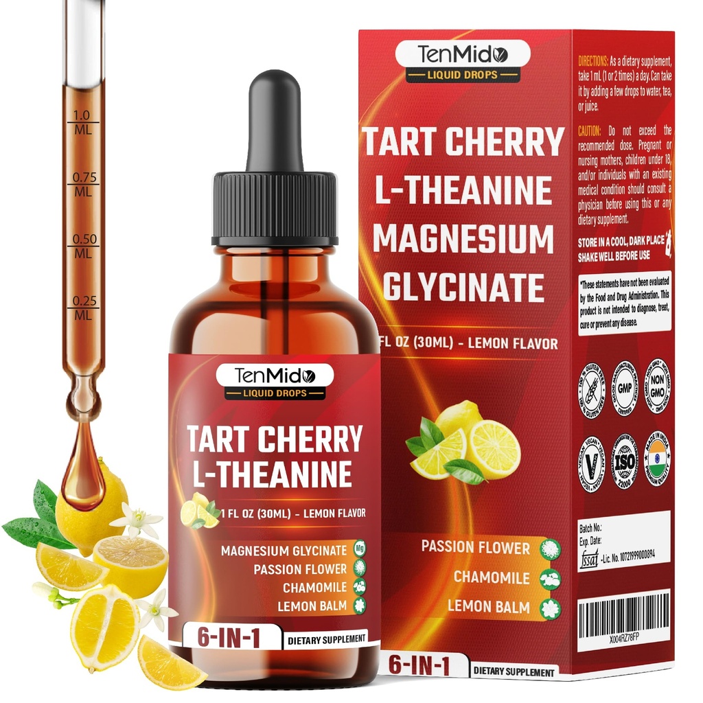 Tart Cherry Extract Liquid Drops - 6in1 with L-Theanine, Magnesium Glycinate, Passion Flower, Chamomile, Lemon Balm - Vegan, Non-GMO - 30ml 1 Fl Oz