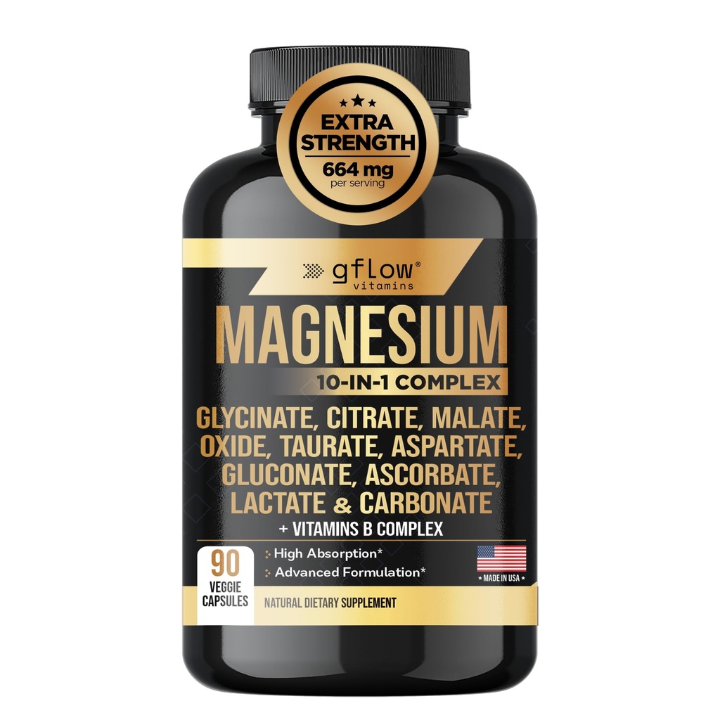 Supplément complexe de magnésium - 10 formes actives, Glycinat, Citrate, Malate, Oxyde, Taurate, Aspartate, Gluconate, Ascorbate, Lactate, Carbonate, Plus avec la vitamine C B1 B2 B6 B12