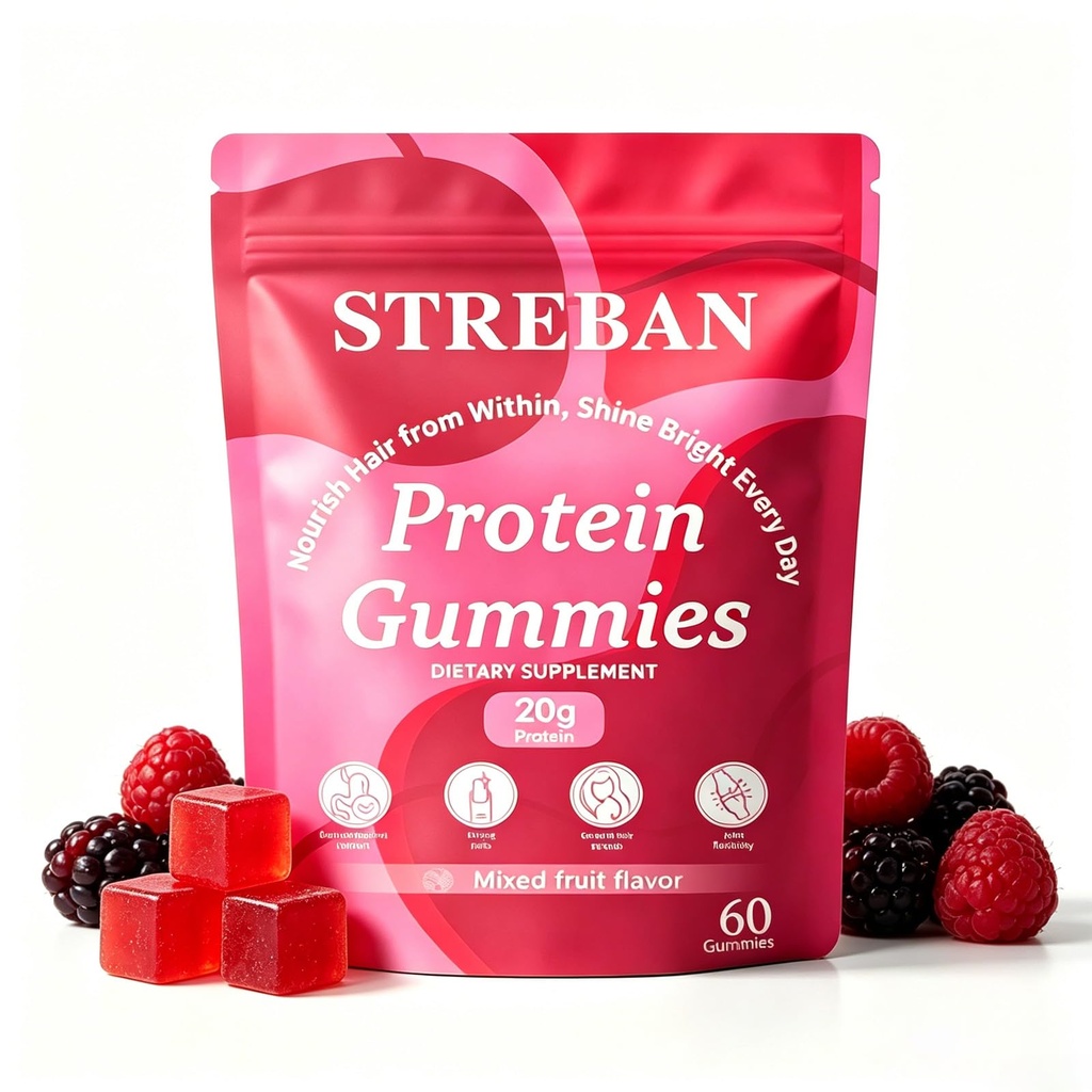 Protein Gummies for Women - 20g Per Serving, Zero Sugar Pea Protein with Biotin & Vitamin C, Strawberry, 60 Gummies (1)
