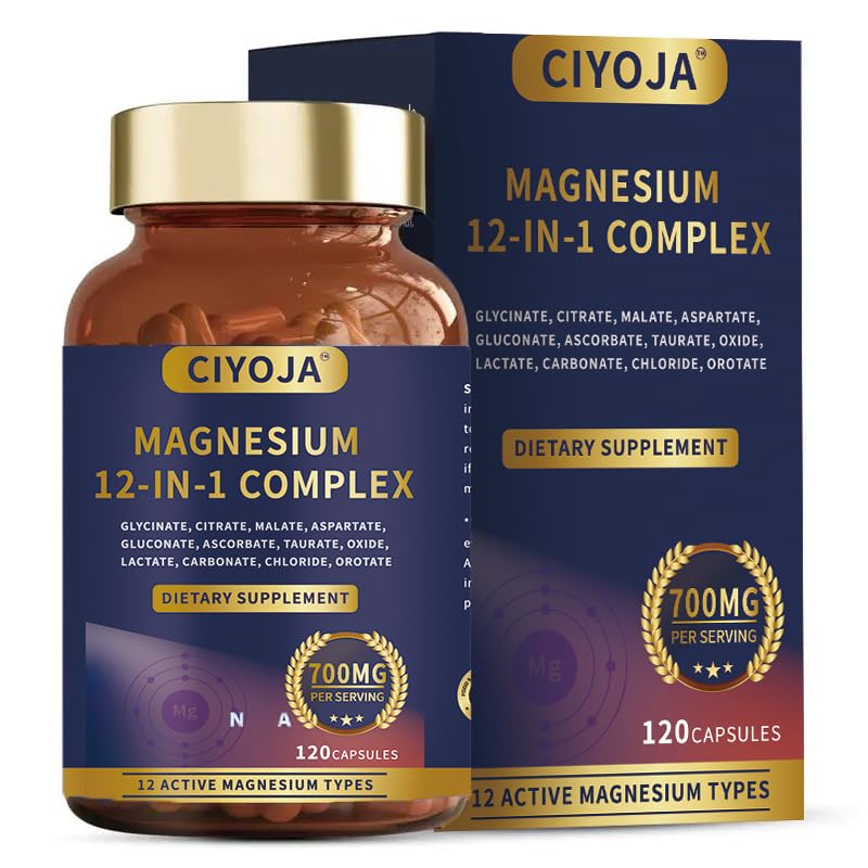 12-in-1 Magnesium Complex for Women Men: Magnesium Glycinate 700mg with Citrate, Malate Taurate Chelated Forms - High Absorption Magnesium Supplement for Relaxation Muscle Heart - 120 Vegan Capsules