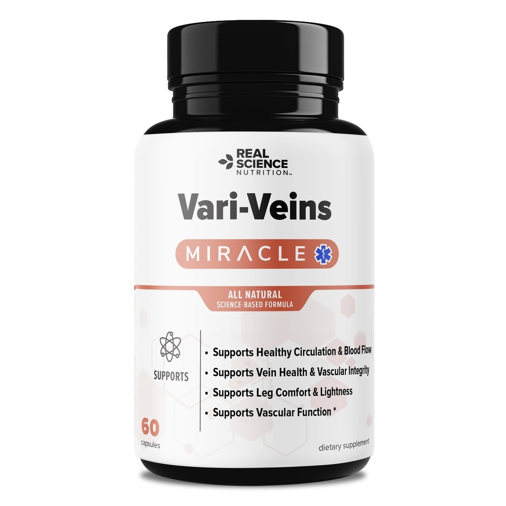 Real Science Vari Veins - All Natural Varicose Vein Supplement for Healthy Leg Circulation & Vein Health Support - Includes Vinitrox & GABA for Blood Flow and Vascular Function - Made in USA, 60 Caps