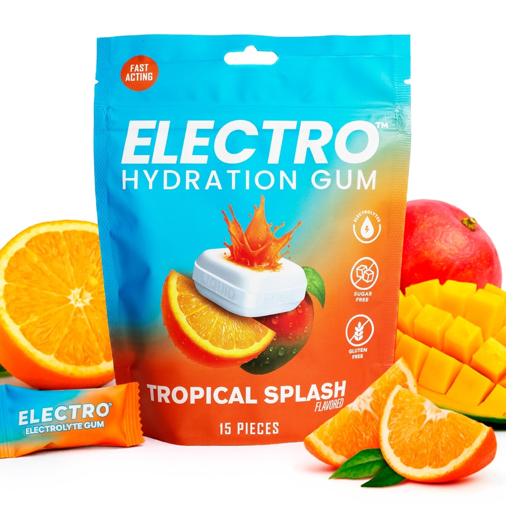 Electrolyte Chewing Gum | Sugar Free Fast Acting Hydration Gum with Sodium Potassium and Magnesium | Zero Calorie Vegan Gluten Free | For Sports, Running, Hiking | Tropical Splash | 15 Pieces