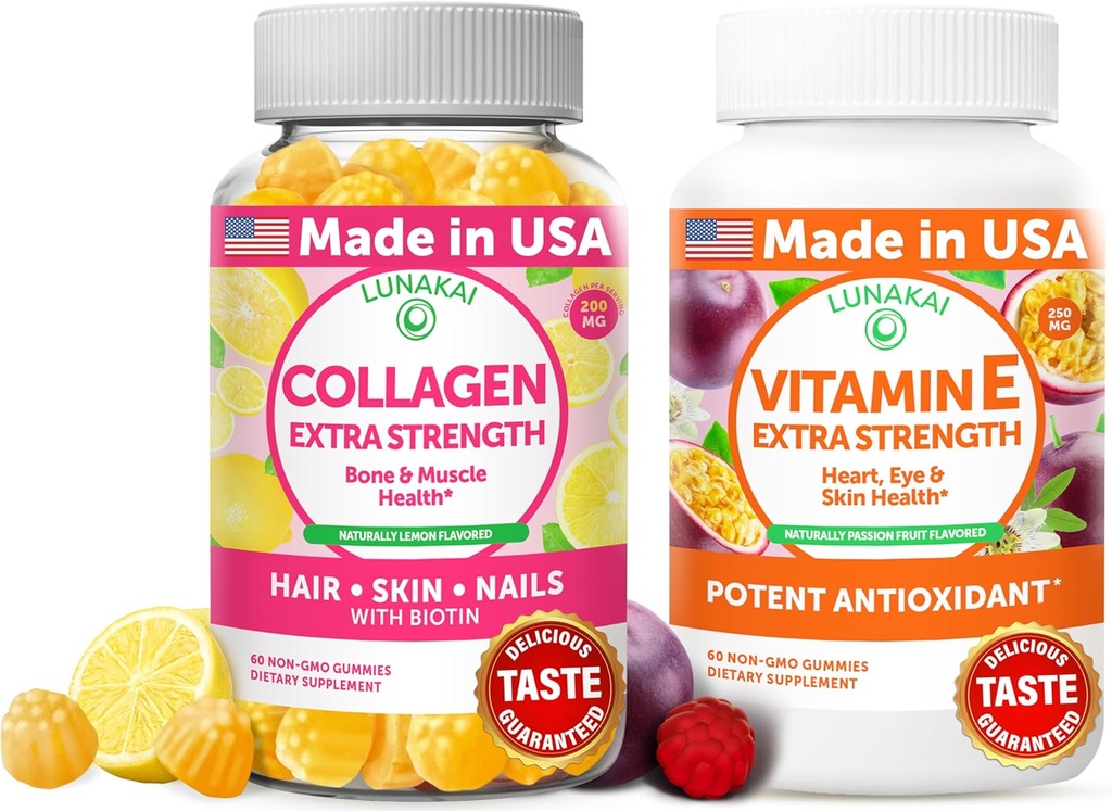 Lunakai Collagène et Gommies de vitamine E - Suppléments anti-âge non-OGM pour les hommes et les femmes - Gommy naturel avec vitamine C et 250 mg VIT naturel E