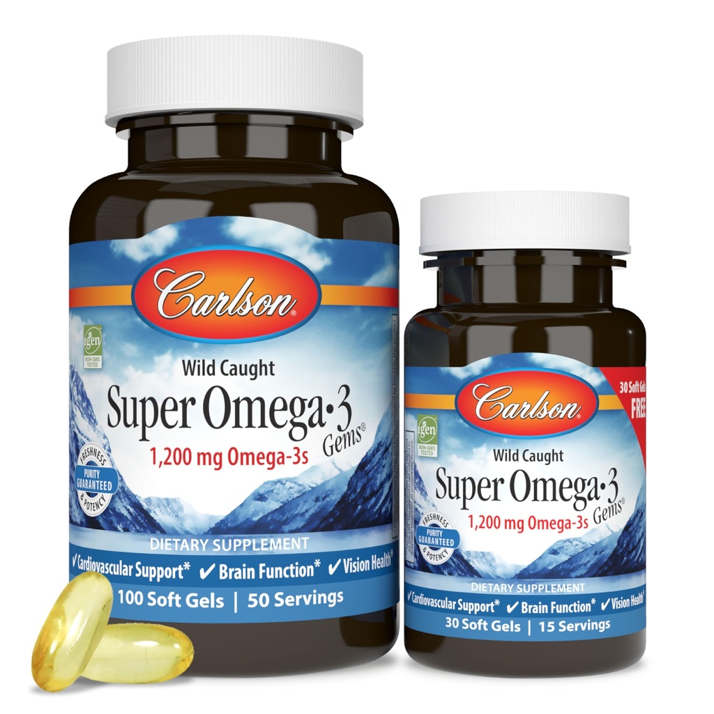 Carlson - Super Omega-3-Edelsteine, 1200 mg Omega-3-Fettsäuren mit EPA und DHA, wild gefangene norwegische Ergänzung, nachhaltig gewonnene Fischölkapseln, Omega-3-Ergänzungen, 100 + 30 Softgels
