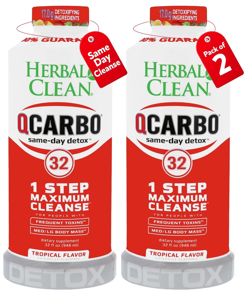Herbal Clean Qcarbo32 Same-Day Detox Cleanse Drink (Pack of 2) - Tropical Flavor Full Body Cleanse* Detox Drink for Moderate Toxin Level*, Vitamin B2 and Vitamin B12 for Men & Women (32fl oz)