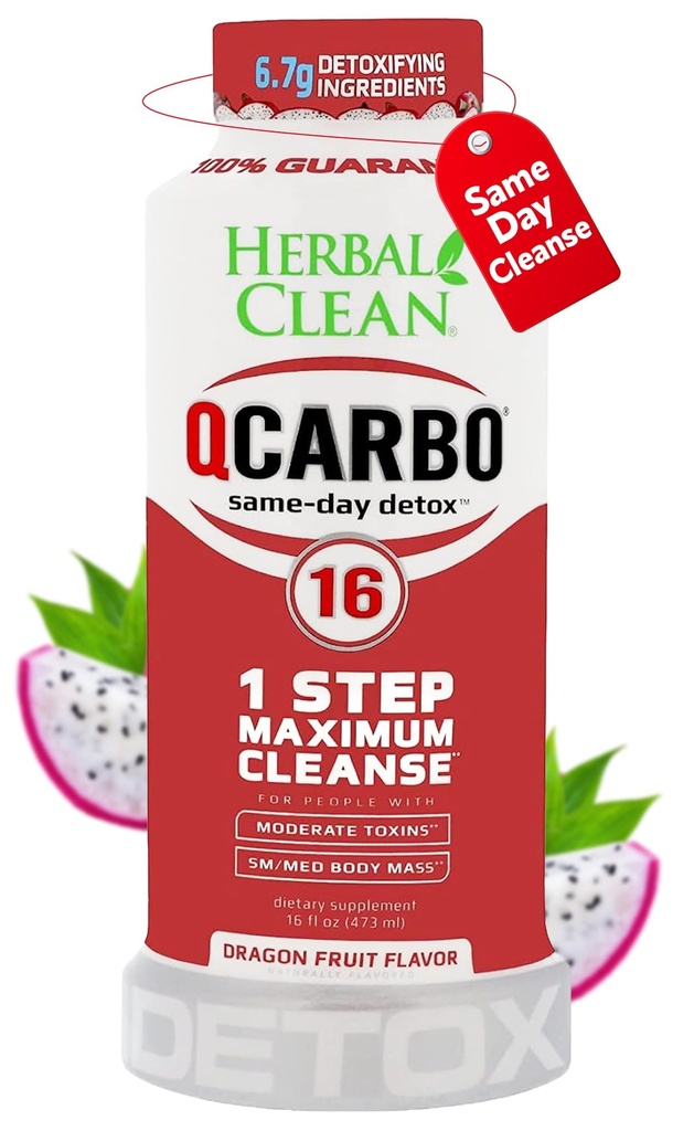 Herbal Clean Qcarbo16 Same-Day Detox Cleanse Drink (16 fl oz) - Dragon Fruit Flavor Full Body Cleanse* Detox Drink for Moderate Toxin Level*, Vitamin B2 and Vitamin B12 for Men & Women