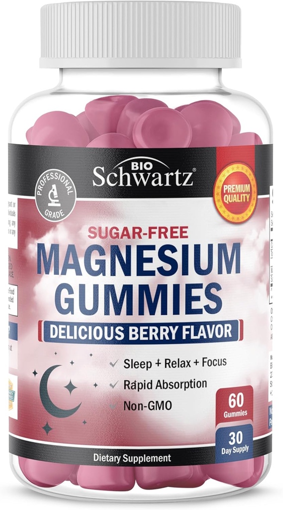 BioSchwartz Sugar Free Magnesium Gummies (30 Servierungen) Berry Flavored Magnesium Citrate Supplement Unterstützt gesunde Nerven Muskeln Energie ruhige Stimmung und Schlaf (Vegan Safe, Non GMO, 60 Gummis)