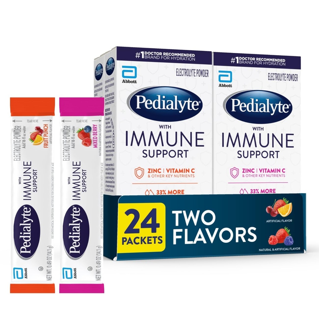 Pedialyte with Immune Support, Electrolyte Drink Powder with Vitamin C and Zinc, Advanced Hydration, Variety Pack: Fruit Punch and Mixed Berry, 24 Powder Packets