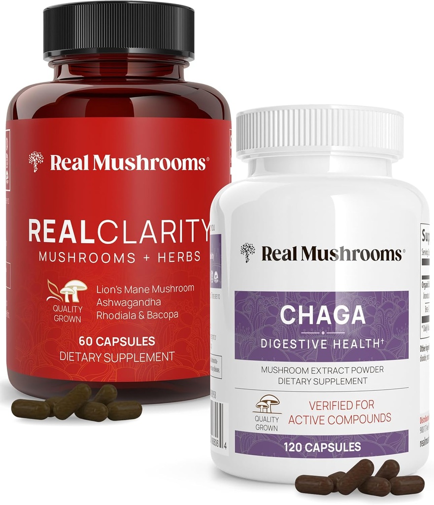Real Mushrooms RealClarity (60ct) e Chaga (120ct) Capsule Bundle - Mushroom Supplemento per Clarity Mentale, Focus, Salute Digestiva & Supporto Immune - Vegan, Non OGM, Verified Levels of Beta-Glucans