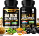 Moss & Shilajit Multivitamin Bundle - Sea Moss 7000mg, Shilajit 9000mg, Black Seed Oil 4000mg, Ashwagandha 2000mg, Ginger & Rhodiola Rosea 1000mg, Tutti in 1 Integratori (60 Conte) (1 Confezione)