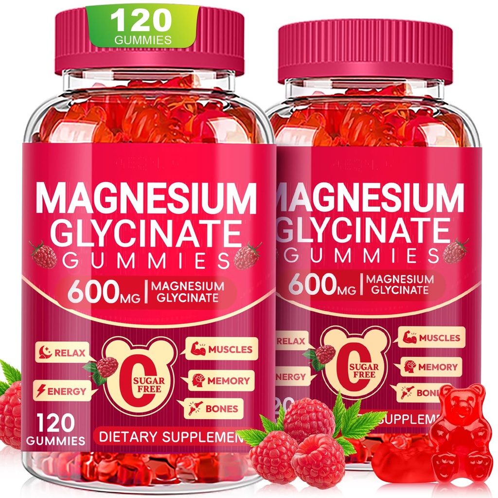 Magnesium Glycinate Gummies 600mg, Sugar Free Magnesium Gummies for Adults, Chewable Potassium Supplements for Sleep, Body Support and Relaxation, 2 Pack