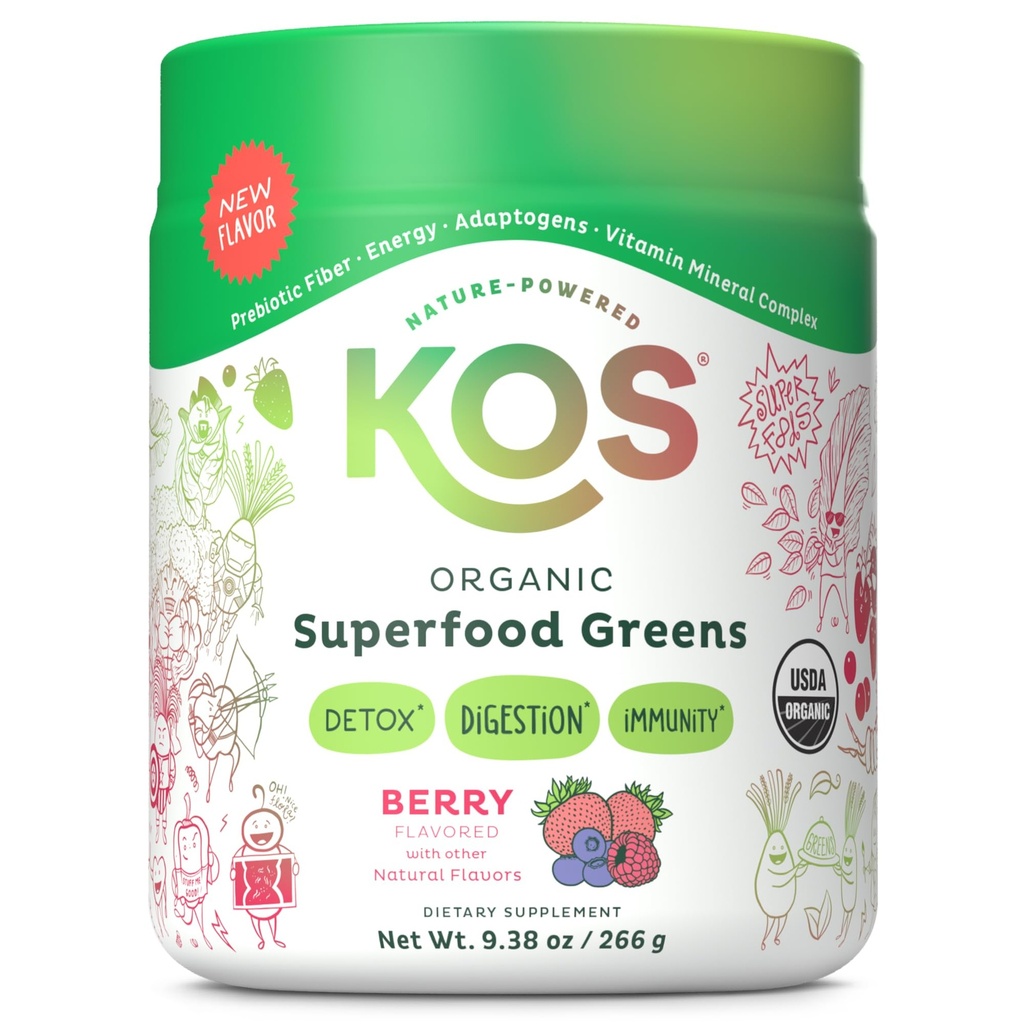 KOS Bio Superfood Greens Poudre - Gut Health from Prebiotic Fibre, Supergreens and Adaptogens - USDA certifié biologique, fabriqué dans un établissement certifié GMP - 28 portions Berry