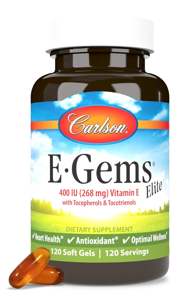 Carlson - E-Gems Elite, 400 IU (268 mg) Vitamin E with Tocopherols and Tocotrienols, Optimal Wellness, 120 Soft Gels