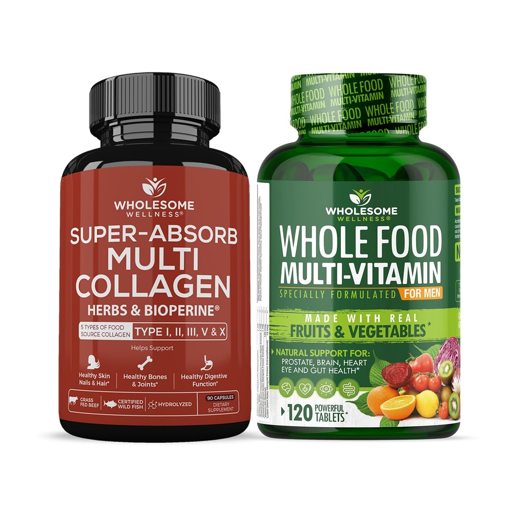 Ganzes Wellness Super-Absorb Multi Collagen Pillen (Typ I II III V X) Bio Kräuter und Bioperine + Ganzes Lebensmittel Multivitamin für Männer - Natürliche Multi Vitamine, Mineralien, Bio-Extrakte Bundle