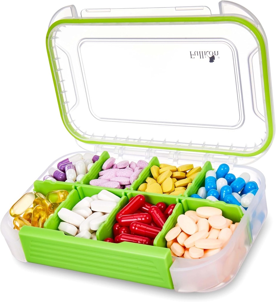 Fullicon Large Pill Organizer with 8 Compartiments, Boîte à pilules pour preuve d'humidité avec diviseur amovible, Pill Container quotidien avec pignons, Pill Case pour la vitamine, huile de poisson, supplément (vert clair)