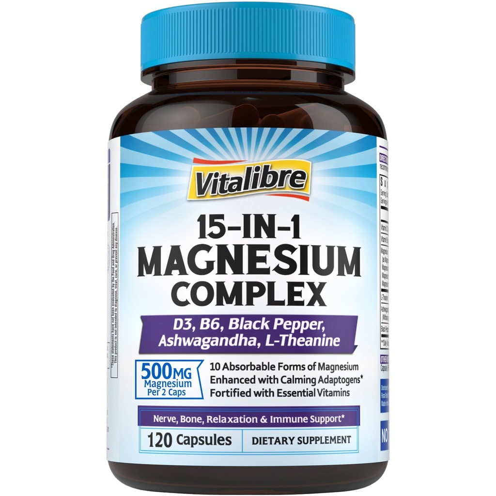 Vitalibre Magnesium Complex Supplement 15 in 1, Magnesium Glycinate, Malate, Taurate and More, with Ashwagandha, L-Theanine, Vitamin D3 & B6, Relaxation, Bone, Nerve Support, 120 Capsules