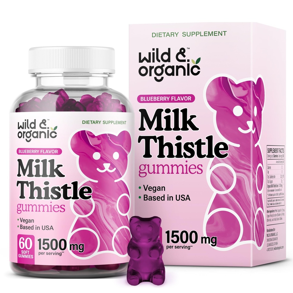 Wild & Organic Milk Thistle Gummies 1500 mg - Milk Thistle Supplement for Liver Cleanse Detox - Silymarin Liver Detox Gummies - 30 Tage Versorgung - 60 Vegan, Non-GMO Chews
