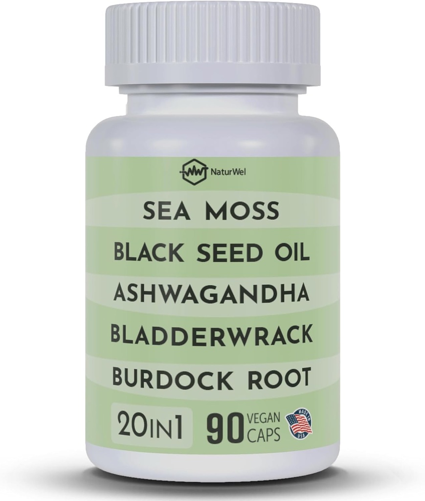 Black Seed olio 3000mg mare moss 3000mg Ashwagandha 1000mg Turmeric 1000mg Burdock 1000mg Bladderwrack 1000mg & Elderberry Manuka Chlorophyll Dandelion Giallo Dock - (90 capsule Confezione di 1)