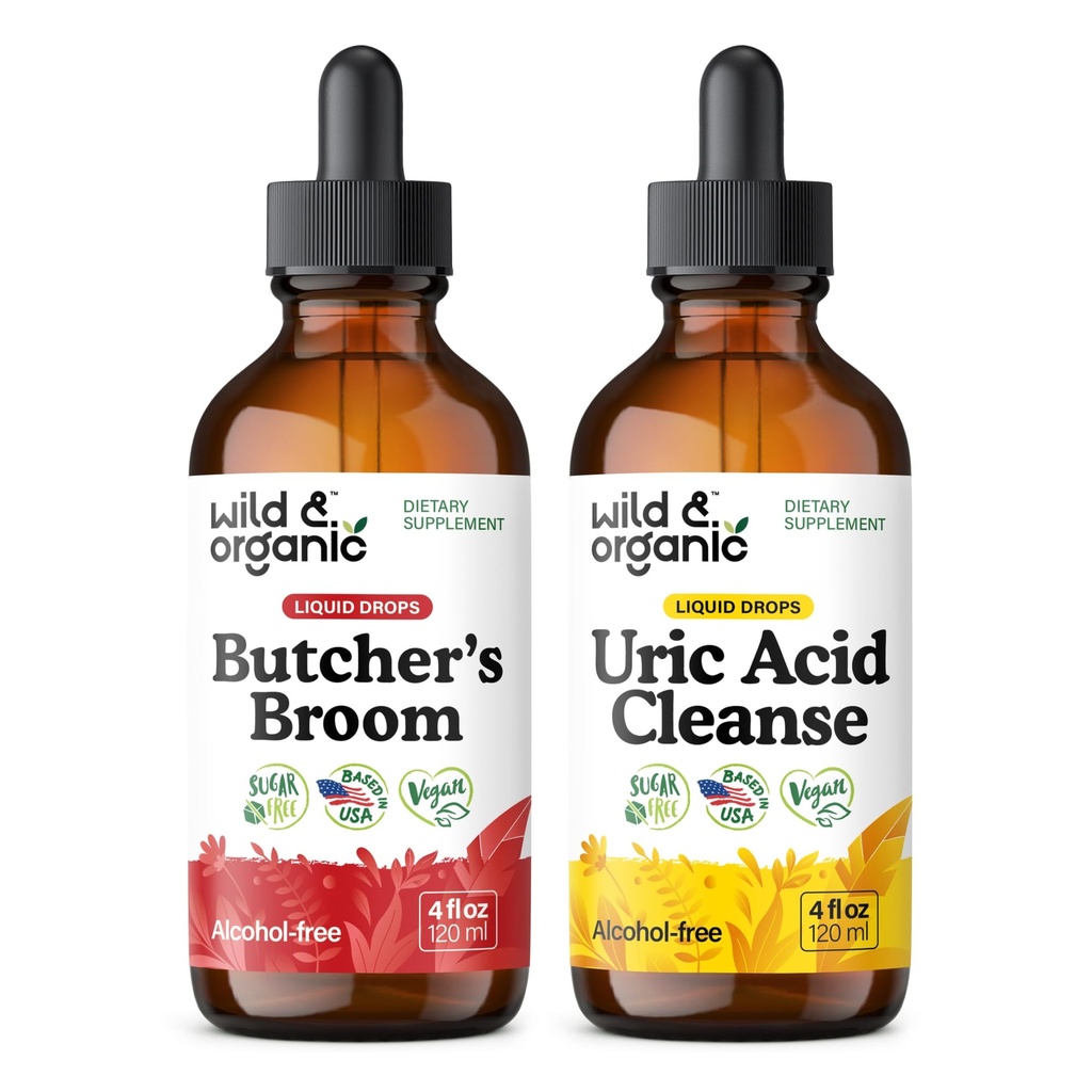 Wild & Organic Butcher's Broom Tincture 4 fl oz & Uric Acid Cleanse Tincture 4 fl oz