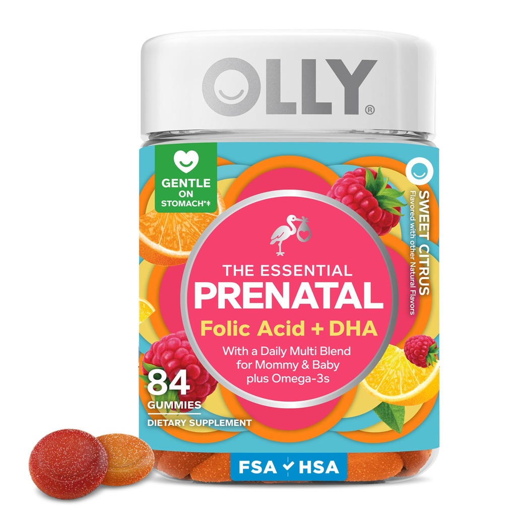 Multivitamine Gummy prénatale essentielle, acide folique, vitamine D, oméga 3 DHA, soutient la croissance saine et le développement du cerveau, Berry d'agrumes - 84 Compte