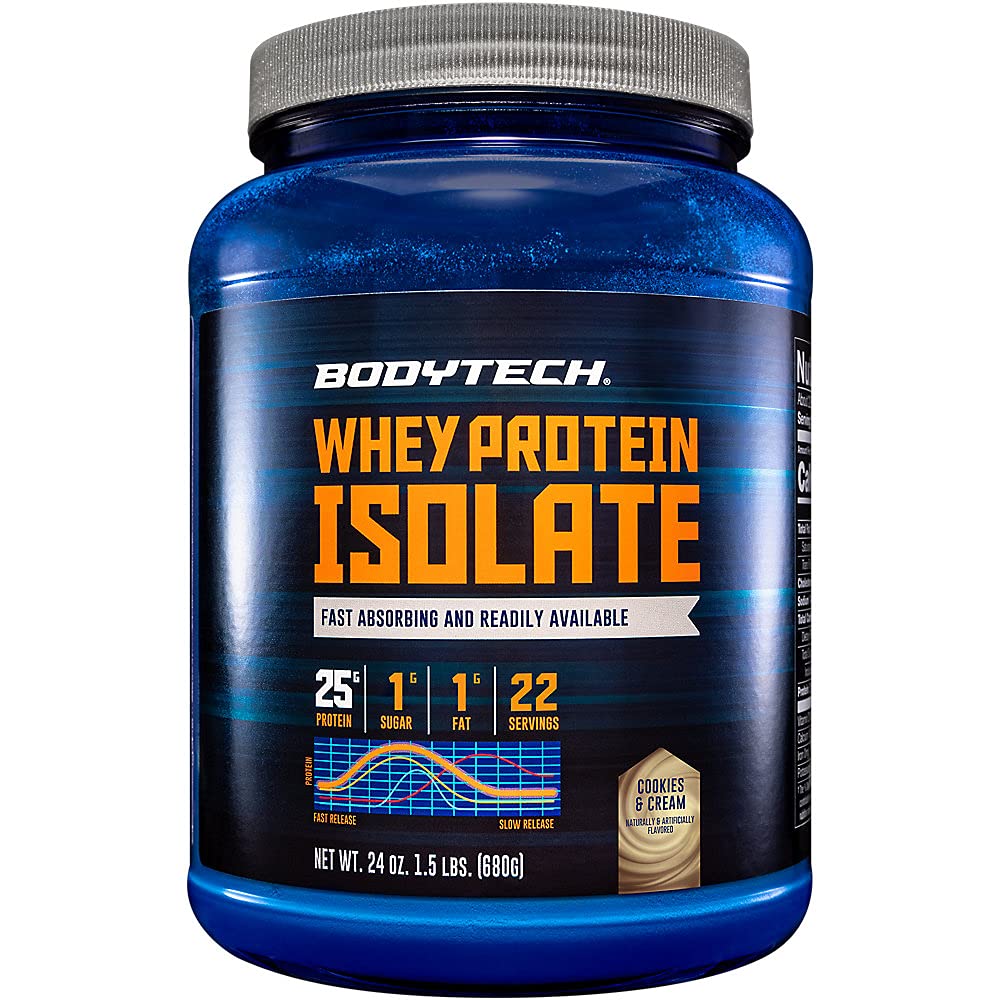 BodyTech Whey Protein Isolate Powder - with 25 Grams of Protein per Serving & BCAA's - Ideal for Post-Workout Muscle Building & Growth, Contains Milk & Soy - Cookies & Cream (1.5 Pound)