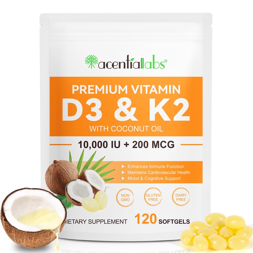 Vitamin D3 K2 Supplement Softgels, 10000 IU VIT D3 + 200 MCG K2 (MK-7) | 2-in-1 Wiederholen Formel mit Kokosöl, Unterstützt in Calciumabsorption, Einfach zu Schluck 120 Kapseln.