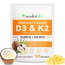 Vitamin D3 K2 Supplement Softgels, 10000 IU VIT D3 + 200 MCG K2 (MK-7) | 2-in-1 Wiederholen Formel mit Kokosöl, Unterstützt in Calciumabsorption, Einfach zu Schluck 120 Kapseln.