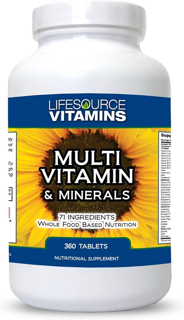 LifeSource Vitamins LifeSourceVitamins Whole Food Multivitamin & Minerals con 71 Tutti Ingredienti Naturali, Probiotici, Enzimi Digestivi, Minerali Chelati e Non OGM, 360 Compresse