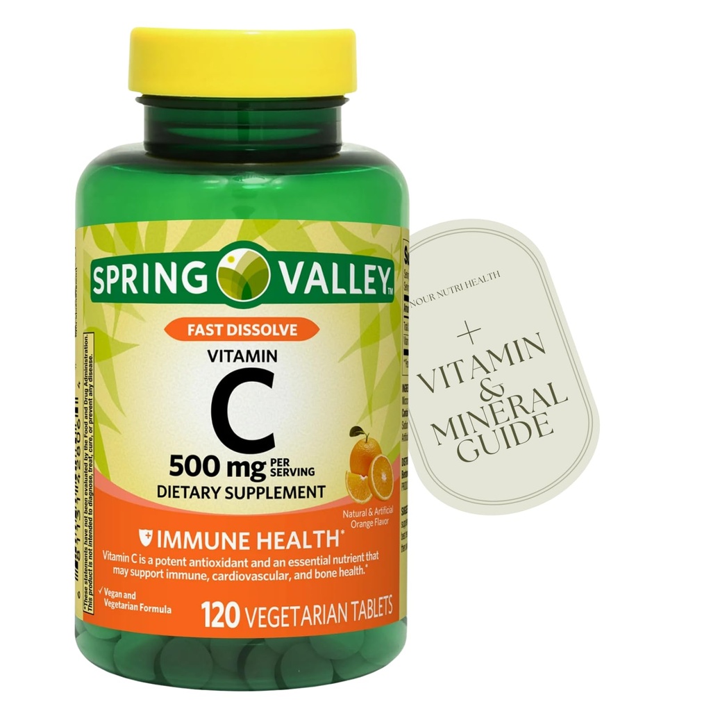 120 Count Vitamin C Fast Dissolve Tablets Dietary Supplement, Orange Flavor, 500 mg, + Included Vitamin Guide
