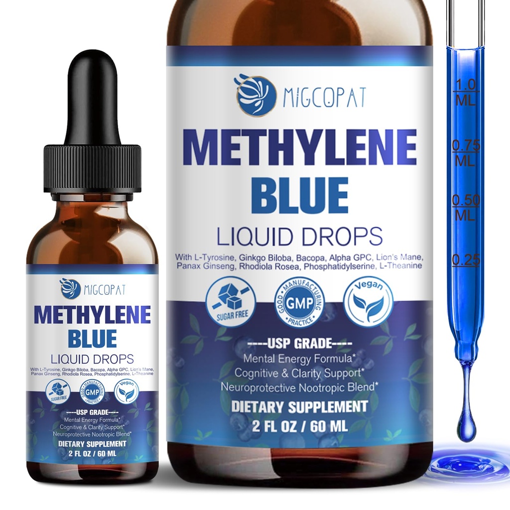 Migcopat Methylene Blue Drops, with Alpha GPC, Lion’s Mane & Bacopa, 2 fl oz