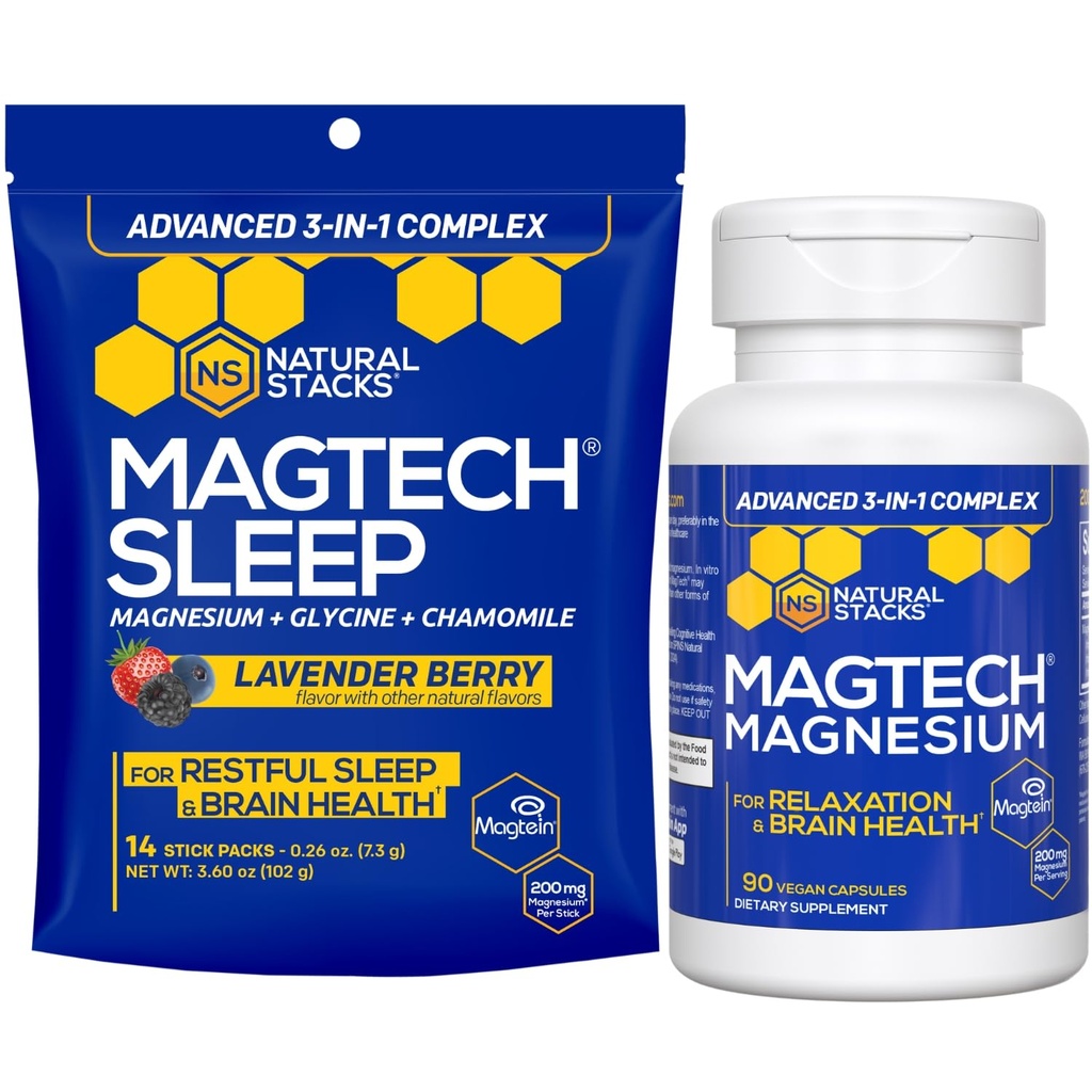 Magtech Magnesium Capsules + Sleep Powder Bundle - 3 Forms of Magnesium - Featuring Magtein L-Threonate - Brain Health & Sleep Support* - 44 Total Servings