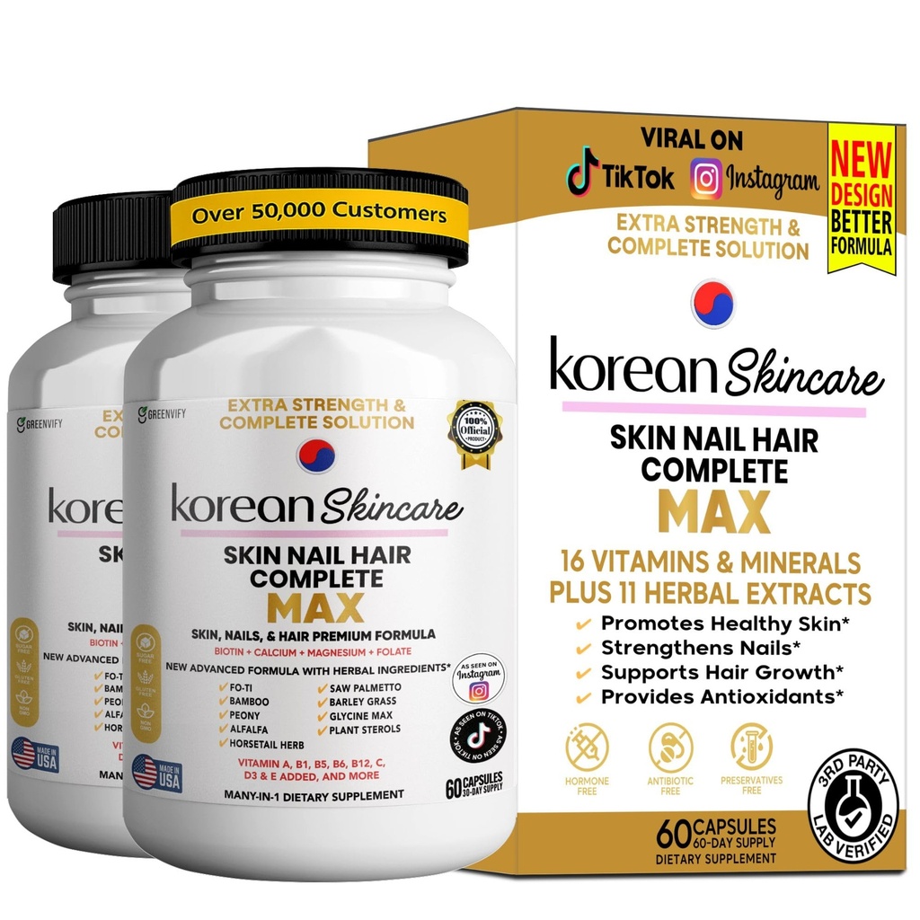 Korean Skincare, Skin Nail Hair Complete, Biotin with Folate, Magnesium, Vitamins, 60 Capsules (2)