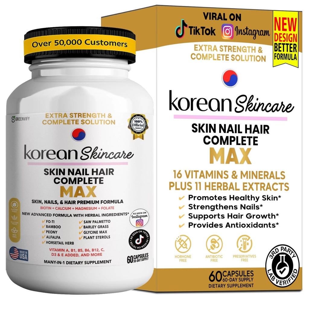 Korean Skincare, Skin Nail Hair Complete, Biotin with Folate, Magnesium, Vitamins, 60 Capsules (1)