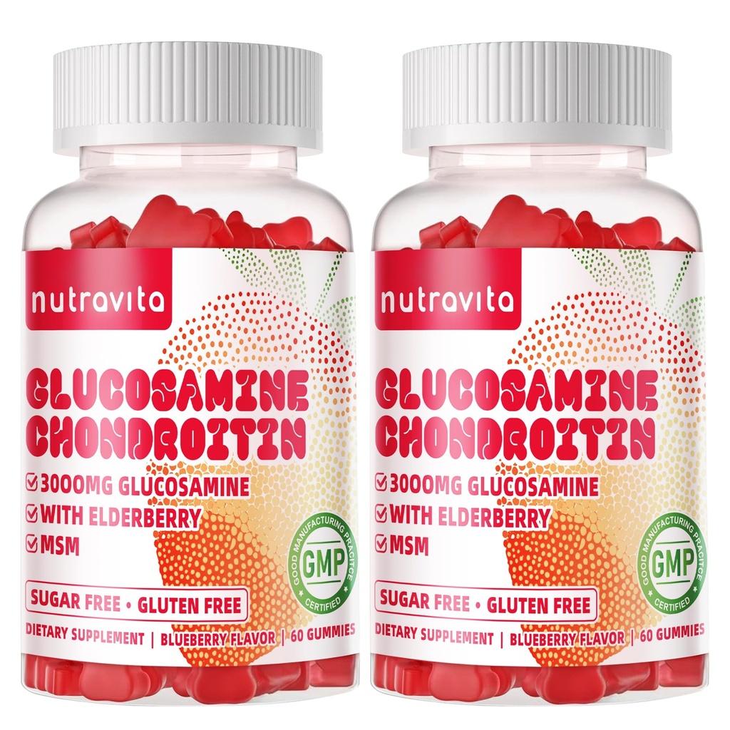 Nutravita Glucosamine Chondroitin Gummis mit MSM & Elderberry Extra Strength - Joint Support, Antioxidant Immun Support Supplement für Erwachsene, Männer & Frauen. 120 Erdbeerkiefer