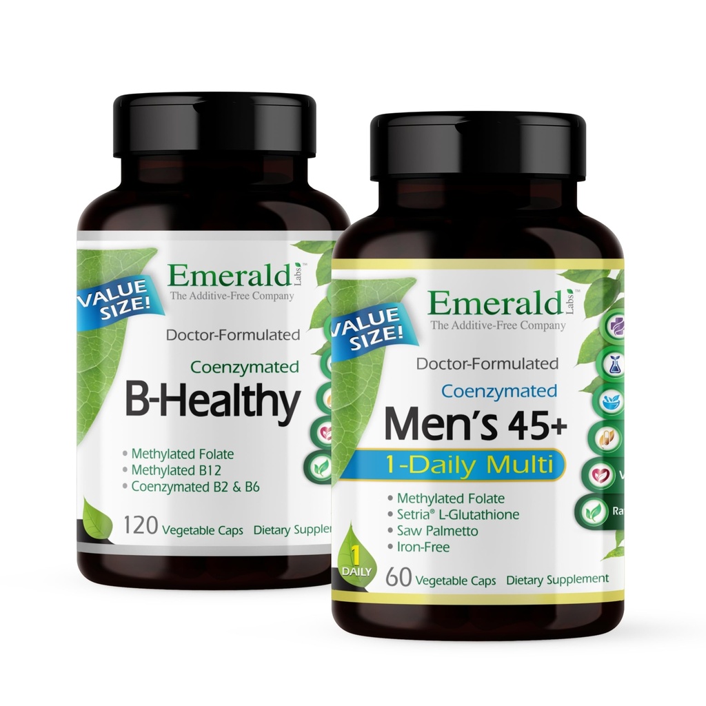EMERALD LABS Bundle mit B Gesund (120 Veg Caps) & Men's 45+ 1-Daily Multi (60 Veg Caps) - Vegan Vitamin B Complex mit Full Spectrum B Vitamins - Men's Multivitamin mit CoQ10, Lycopin & More