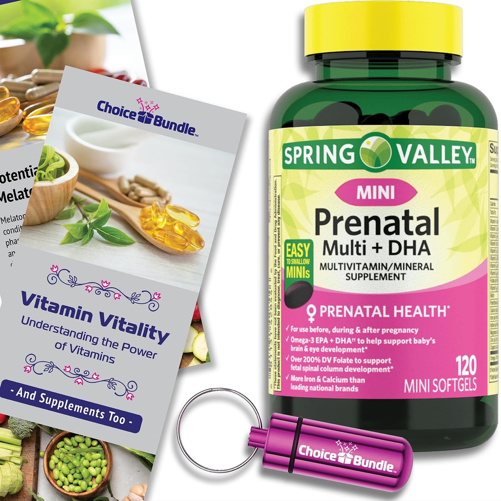 Choice Bundle Spring Valley Prenatal Multi + DHA Complete Multivitamin Multimineral Supplement Mini Softgels 120 Ct Plus Vitamin Guide & Pill Container (3 Items)!