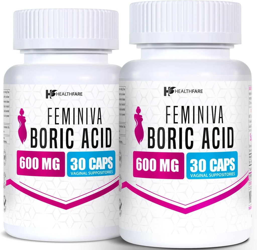 Healthfare Feminiva Boric Acid Suppositories | 2-Pack | 30 Vaginal Suppositories Every | 600mg | 100% Pure | Made in the USA