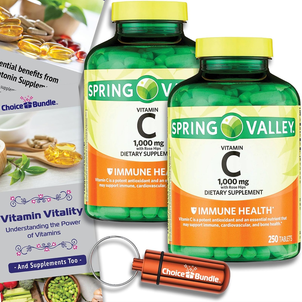 Choice Bundle Spring Valley Vitamin C 1000 mg Dietary Supplement Tablets with Rose HIPS 250 Ct 2 pk (500 Total) + Vitamin Guide & Portable Pill Container (4 Items)!