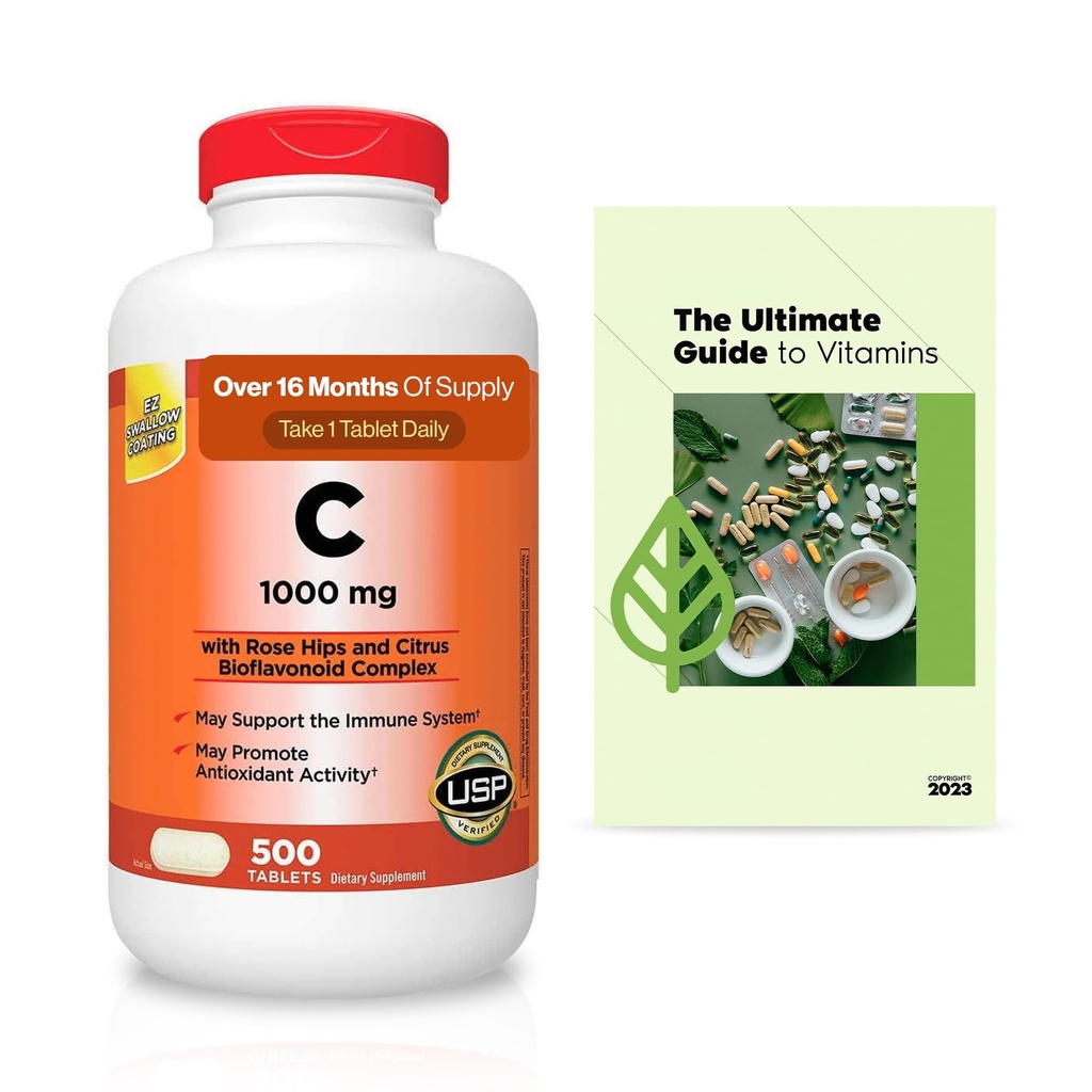 KKL Extra Strength Vitamin C 1000 mg, 500 Count, Immune & Antioxidant Support, Daily Dietary Supplement + Exclusive Vtmx Vitamin Guide (2 Items)