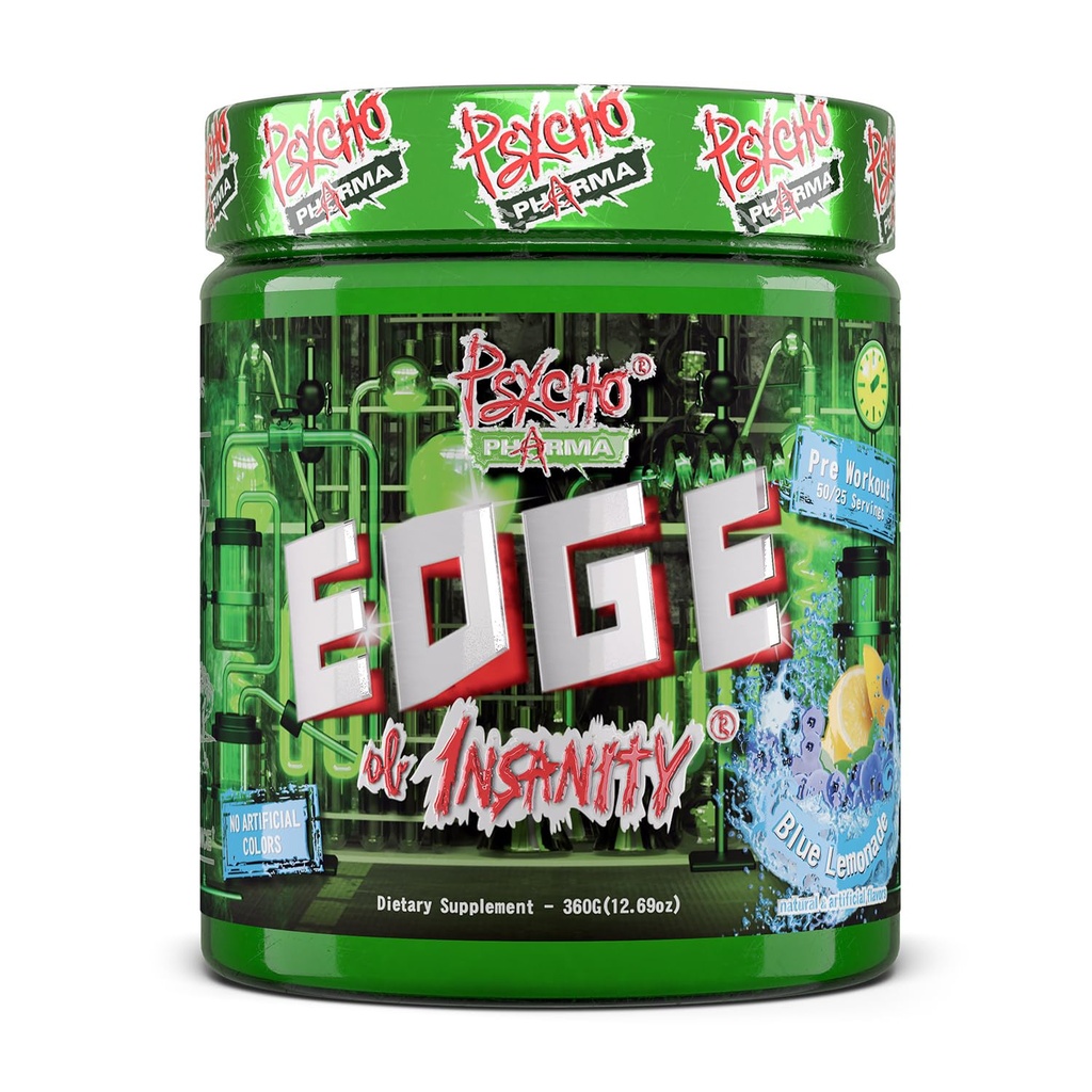Psycho Pharma Strongest High Stim Preworkout Powder - Edge of Insanity - Most Intense Pre Workout Supplement for Pumps, Strength, Energy and Feel Good Focus. Rivals Famous PWOs of The Past