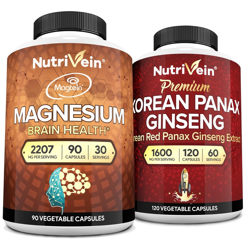 Nutrivein Premium Magnesium L-Threonate & Panax Ginseng Supplement Bundle: High-Absorption Magnesium Threonat und Red Ginseng Supplement Pair für Gehirn, Stimmung, & Vitalität