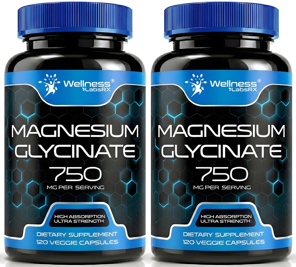 Magnesium Glycinate Capsules - 750mg | 120 Count, Magnesium Supplement for Women and Men - Pure Complex Glicinato De Magnesio, High Absorption, Heart Health, Sleep Supplement - 2 Packs
