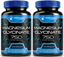 Magnesium Glycinate Capsules - 750mg | 120 Count, Magnesium Supplement for Women and Men - Pure Complex Glicinato De Magnesio, High Absorption, Heart Health, Sleep Supplement - 2 Packs
